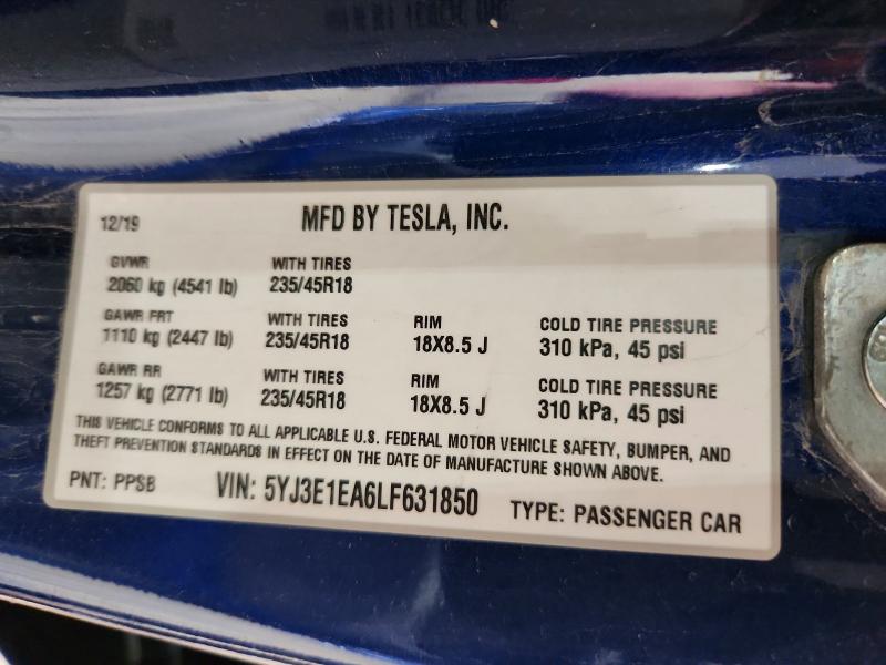 2020 Tesla Model 3 მანქანა იყიდება აუქციონზე, vin: 5YJ3E1EA6LF631850, აუქციონის ნომერი: 64902796