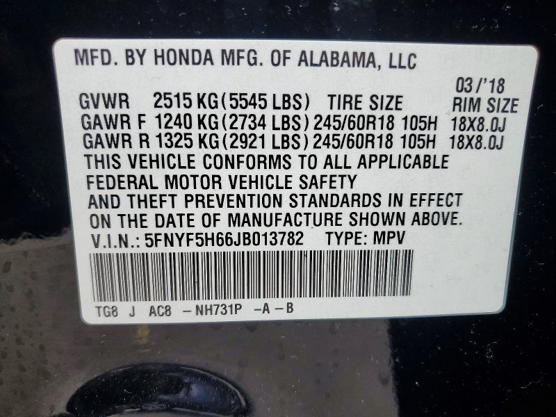Aukcja sprzedaży 2018 Honda Pilot, vin: 5FNYF5H66JB013782, numer aukcji: 65471976