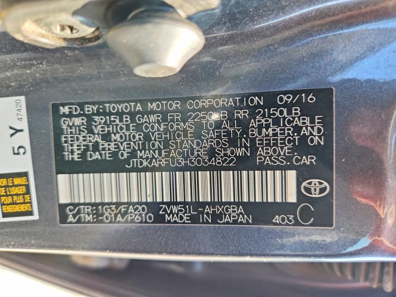 2017 Toyota Prius მანქანა იყიდება აუქციონზე, vin: JTDKARFU3H3034822, აუქციონის ნომერი: 66528306