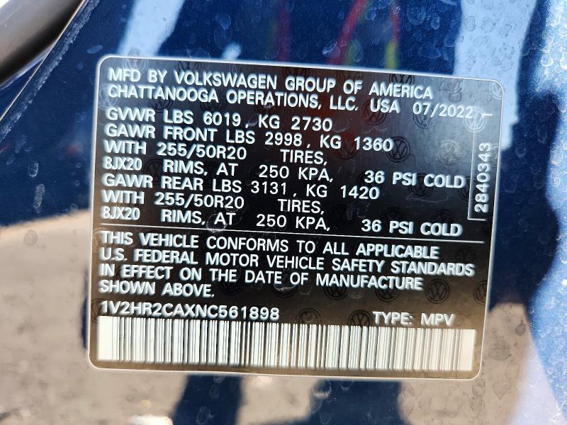 65217556 :رقم المزاد ، 1V2HR2CAXNC561898 vin ، 2022 Volkswagen Atlas مزاد بيع