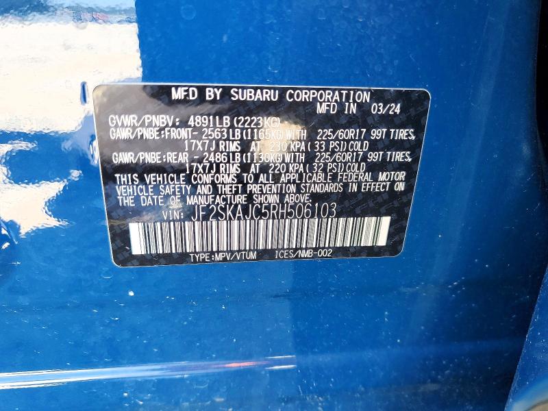 2024 Subaru Forester მანქანა იყიდება აუქციონზე, vin: JF2SKAJC5RH506103, აუქციონის ნომერი: 65724066
