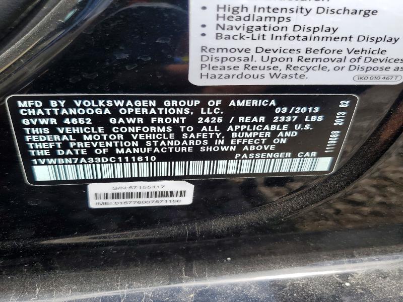 Aukcja sprzedaży 2013 Volkswagen Passat, vin: 1VWBN7A33DC111610, numer aukcji: 64702336