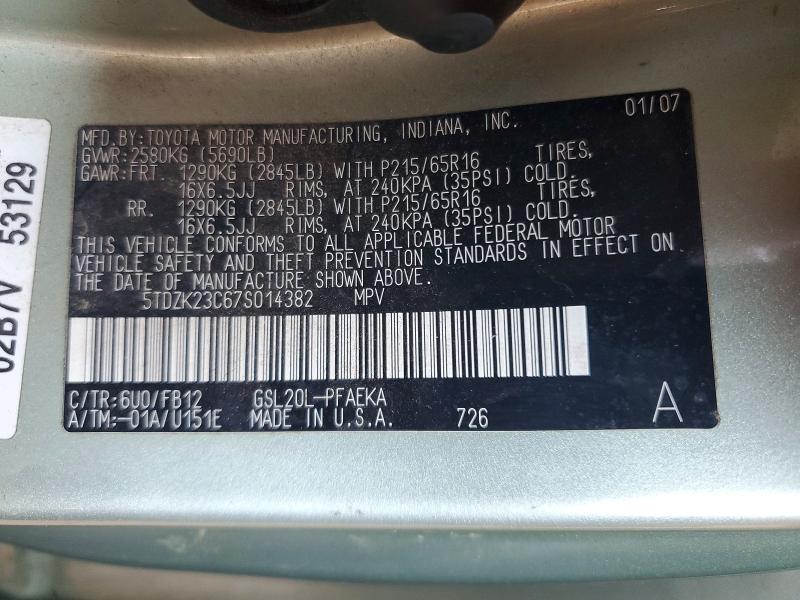 Продаж на аукціоні авто 2007 Toyota Sienna, vin: 5TDZK23C67S014382, номер лоту: 64342526