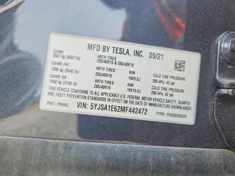 2021 Tesla Model S მანქანა იყიდება აუქციონზე, vin: 5YJSA1E62MF442472, აუქციონის ნომერი: 64292046