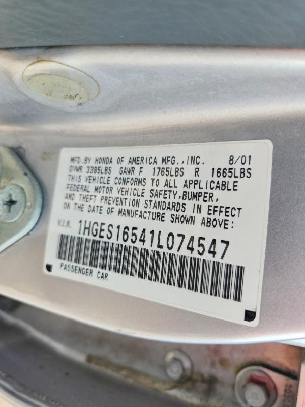 2001 Honda Civic მანქანა იყიდება აუქციონზე, vin: 1HGES16541L074547, აუქციონის ნომერი: 64601496