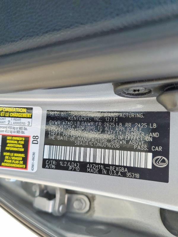 Aukcja sprzedaży 2022 Lexus Es 300h, vin: 58ADA1C13NU016206, numer aukcji: 66734276