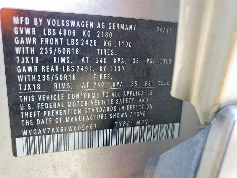 Продажа на аукционе авто 2015 Volkswagen Tiguan, vin: WVGAV7AX6FW605667, номер лота: 65656166
