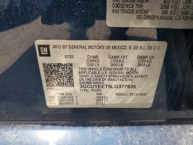 2020 Chevrolet Silverado მანქანა იყიდება აუქციონზე, vin: 3GCUYEET5LG377935, აუქციონის ნომერი: 63476666
