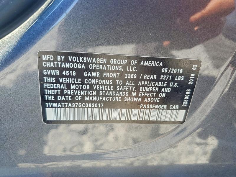 67168256 :رقم المزاد ، 1VWAT7A37GC063017 vin ، 2016 Volkswagen Passat مزاد بيع
