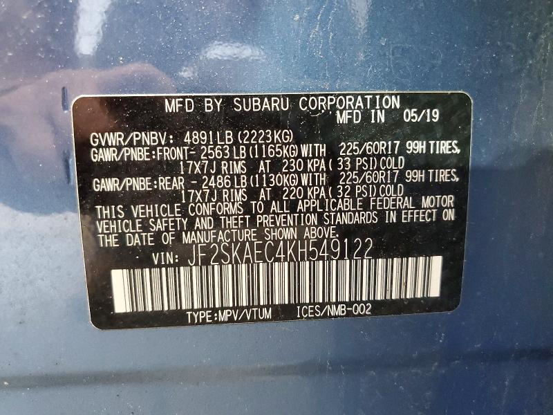 2019 Subaru Forester მანქანა იყიდება აუქციონზე, vin: JF2SKAEC4KH549122, აუქციონის ნომერი: 63553826