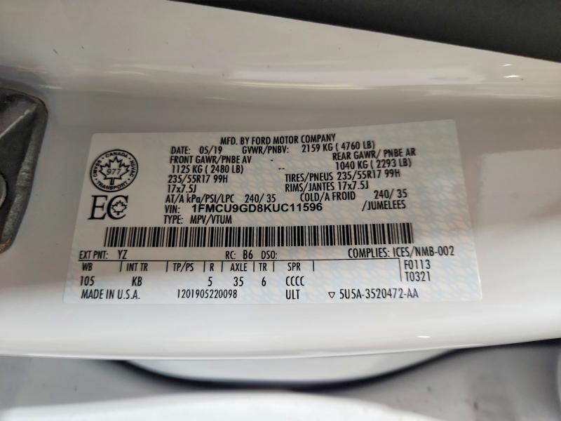 Продаж на аукціоні авто 2019 Ford Escape, vin: 1FMCU9GD8KUC11596, номер лоту: 64253056