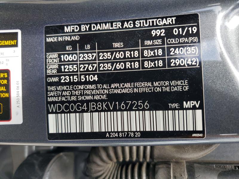2019 Mercedes-benz Glc მანქანა იყიდება აუქციონზე, vin: WDC0G4JB8KV167256, აუქციონის ნომერი: 66459596