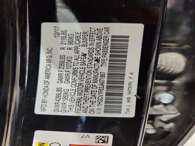 Продаж на аукціоні авто 2018 Honda Accord, vin: 1HGCV1F63JA071867, номер лоту: 65861926