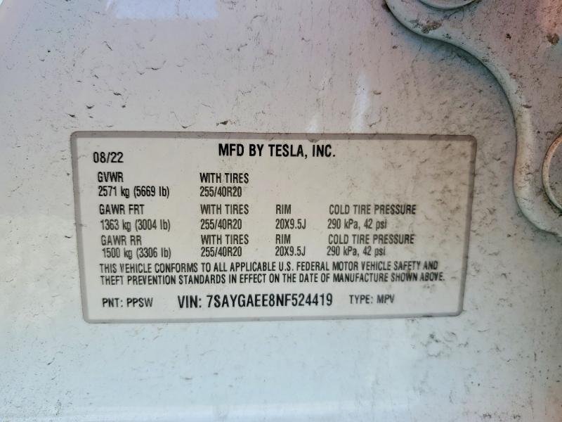 64624886 :رقم المزاد ، 7SAYGAEE8NF524419 vin ، 2022 Tesla Model Y مزاد بيع