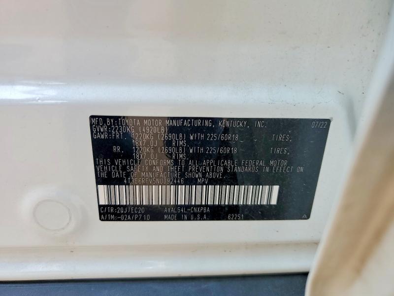 2022 Toyota Rav4 მანქანა იყიდება აუქციონზე, vin: 4T3E6RFV5NU092446, აუქციონის ნომერი: 64336446