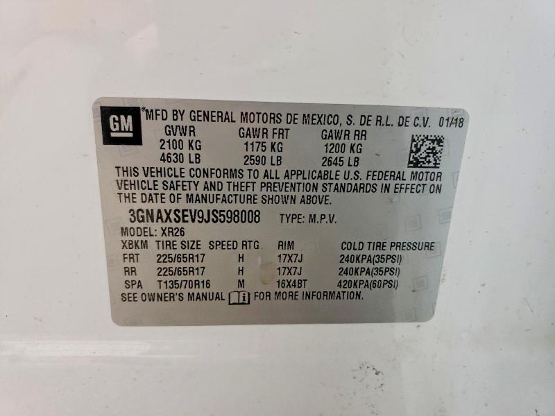 Aukcja sprzedaży 2018 Chevrolet Equinox, vin: 3GNAXSEV9JS598008, numer aukcji: 65269926