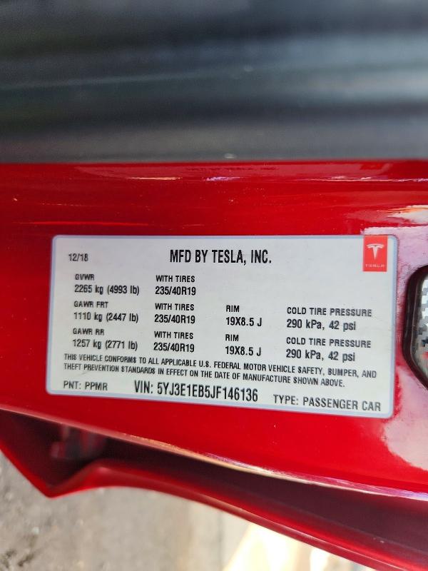 2018 Tesla Model 3 მანქანა იყიდება აუქციონზე, vin: 5YJ3E1EB5JF146136, აუქციონის ნომერი: 67076556