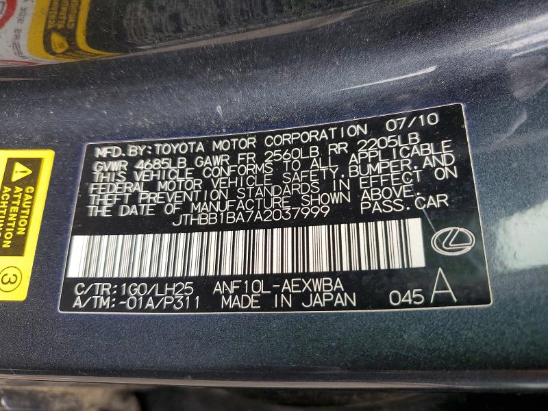 Aukcja sprzedaży 2010 Lexus Hs, vin: JTHBB1BA7A2037999, numer aukcji: 64385976