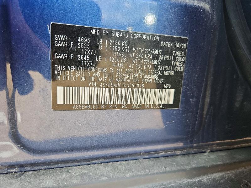2019 Subaru Outback მანქანა იყიდება აუქციონზე, vin: 4S4BSAHC1K3255048, აუქციონის ნომერი: 63999626