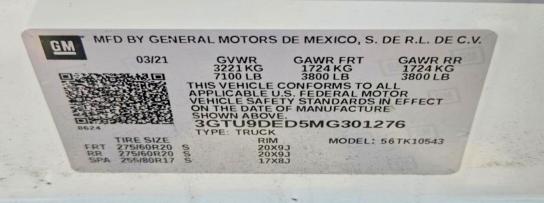 2021 Gmc Sierra მანქანა იყიდება აუქციონზე, vin: 3GTU9DED5MG301276, აუქციონის ნომერი: 62520106