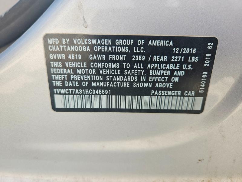 Продажа на аукционе авто 2017 Volkswagen Passat, vin: 1VWCT7A31HC045591, номер лота: 66991646