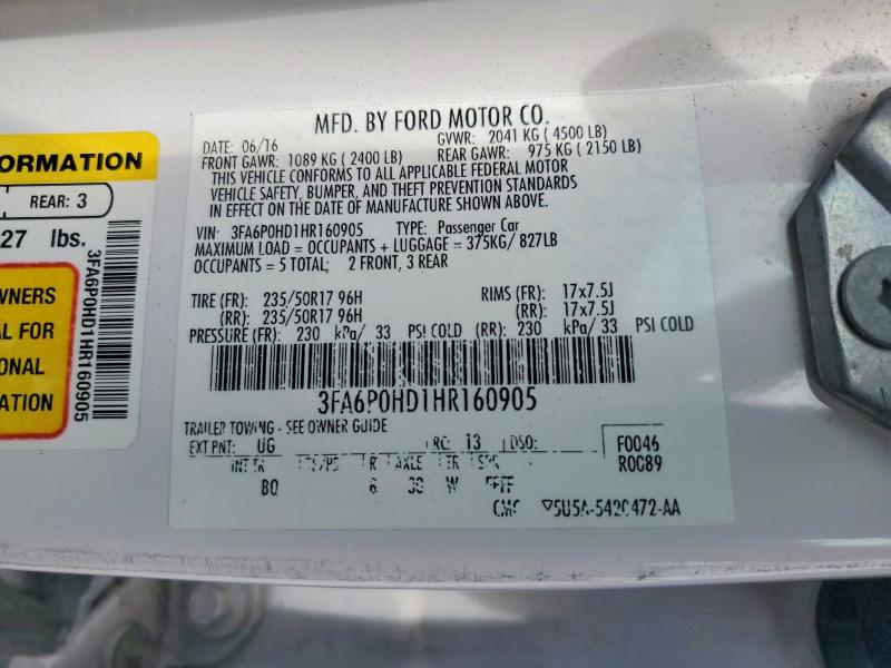 Продаж на аукціоні авто 2017 Ford Fusion, vin: 3FA6P0HD1HR160905, номер лоту: 65719196