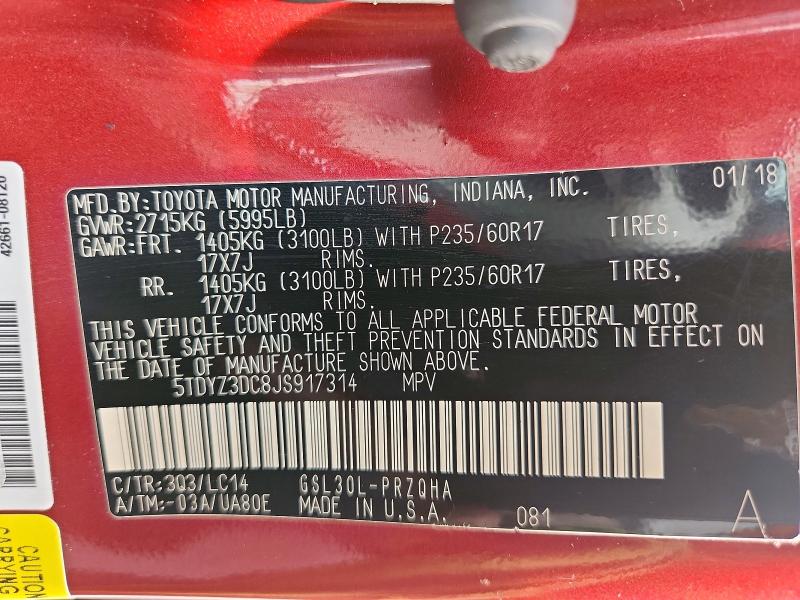 2018 Toyota Sienna მანქანა იყიდება აუქციონზე, vin: 5TDYZ3DC8JS917314, აუქციონის ნომერი: 66618066