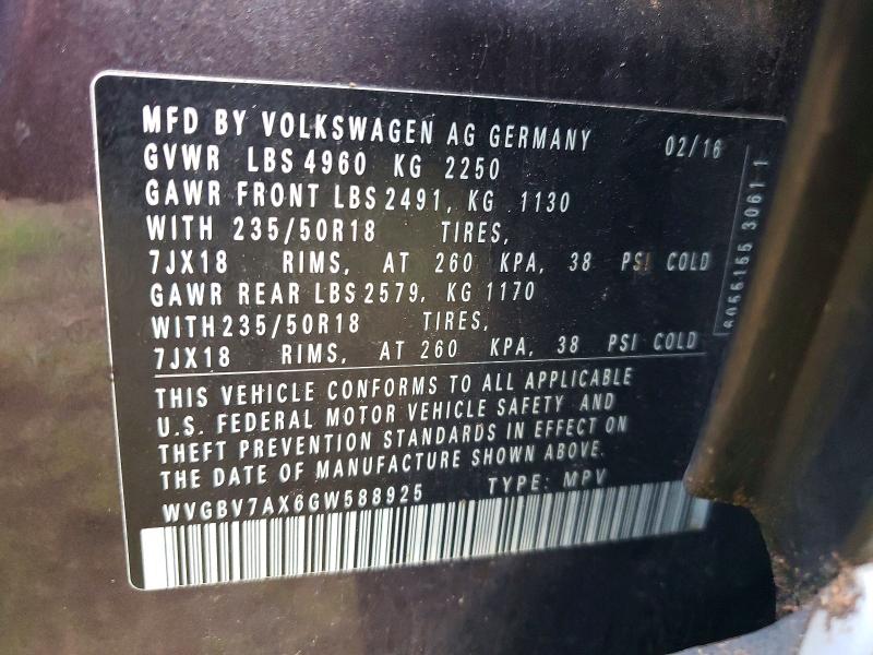63758566 :رقم المزاد ، WVGBV7AX6GW588925 vin ، 2016 Volkswagen Tiguan مزاد بيع