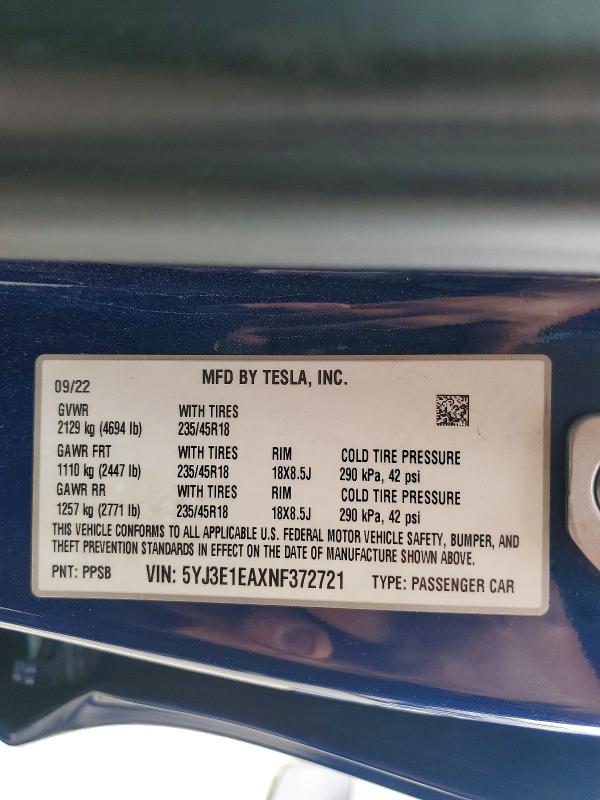 Aukcja sprzedaży 2022 Tesla Model 3, vin: 5YJ3E1EAXNF372721, numer aukcji: 66844946