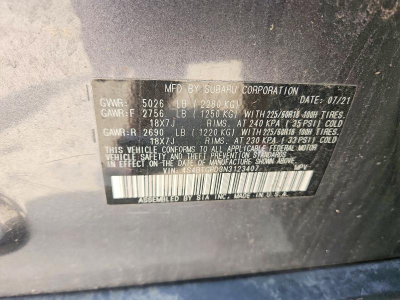 63770126 :رقم المزاد ، 4S4BTGPD3N3123407 vin ، 2022 Subaru Outback مزاد بيع