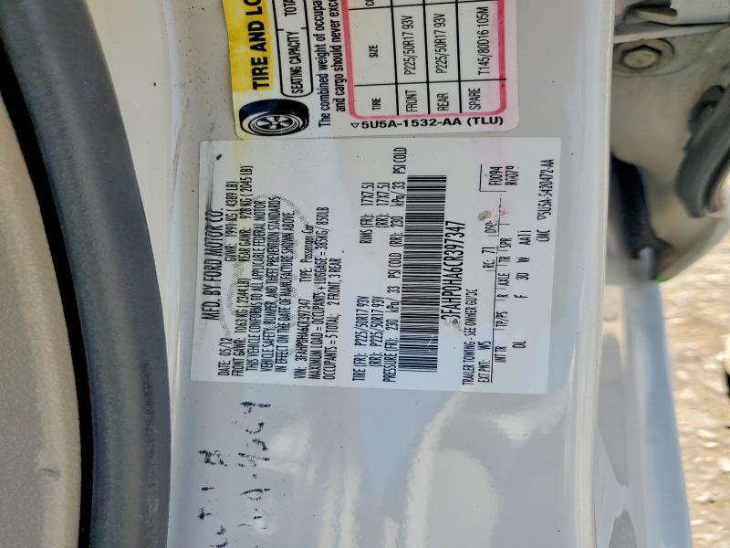 65800336 :رقم المزاد ، 3FAHP0HA6CR397347 vin ، 2012 Ford Fusion مزاد بيع