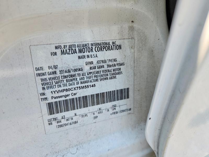 2007 Mazda 6 მანქანა იყიდება აუქციონზე, vin: 1YVHP80CX75M55145, აუქციონის ნომერი: 64284516