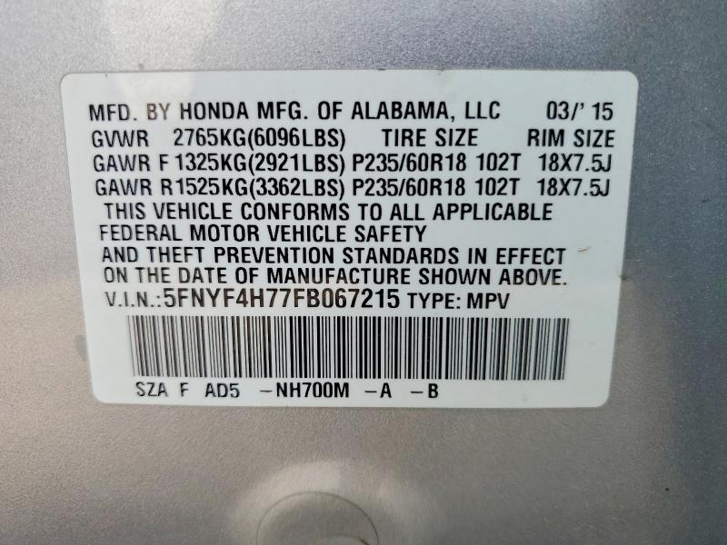 62918026 :رقم المزاد ، 5FNYF4H77FB067215 vin ، 2015 Honda Pilot مزاد بيع