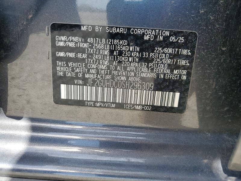 2025 Subaru Crosstrek მანქანა იყიდება აუქციონზე, vin: JF2GUHDC0SH296309, აუქციონის ნომერი: 66396446