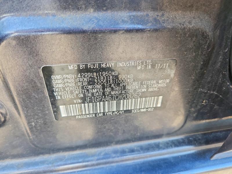 2012 Subaru Impreza მანქანა იყიდება აუქციონზე, vin: JF1GPAA67CH208262, აუქციონის ნომერი: 65410256