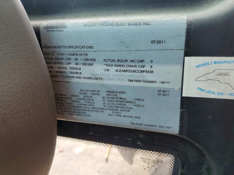 Продажа на аукционе авто 2012 Thomas Saf-t-liner C2, vin: 4UZABPDU6CCBP5438, номер лота: 47093986