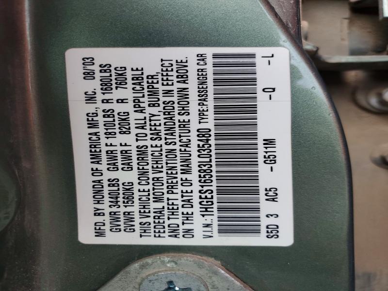 Продажа на аукционе авто 2003 Honda Civic, vin: 1HGES16583L035480, номер лота: 65732016