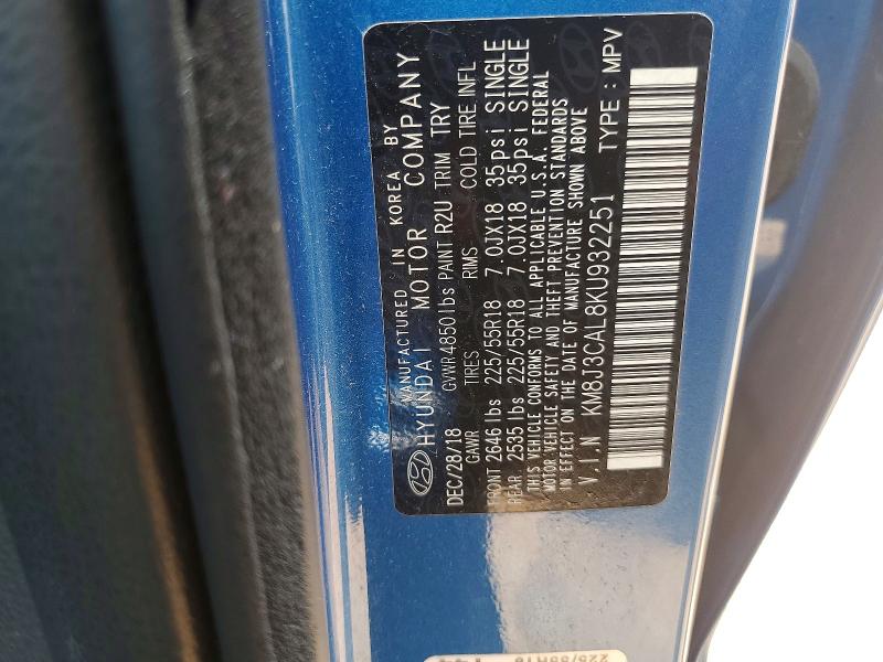 64637286 :رقم المزاد ، KM8J3CAL8KU932251 vin ، 2019 Hyundai Tucson مزاد بيع