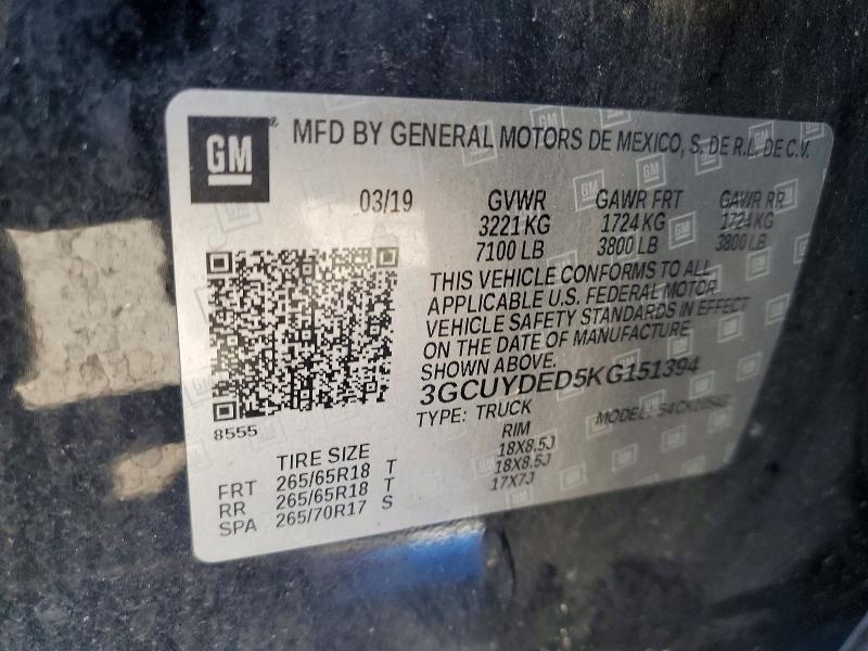 Продаж на аукціоні авто 2019 Chevrolet Silverado, vin: 3GCUYDED5KG151394, номер лоту: 64494846