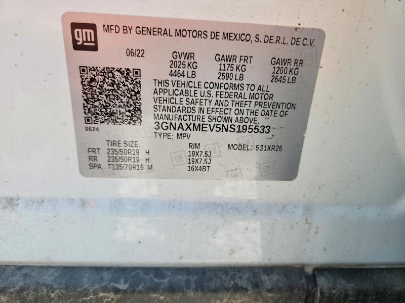 Auction sale of the 2022 Chevrolet Equinox, vin: 3GNAXMEV5NS195533, lot number: 63718156