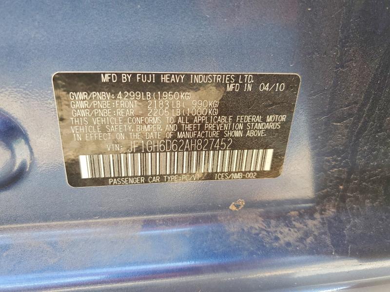 Продажа на аукционе авто 2010 Subaru Impreza, vin: JF1GH6D62AH827452, номер лота: 63129946