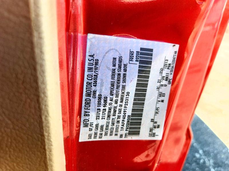 2001 Ford Mustang მანქანა იყიდება აუქციონზე, vin: 1FAFP40491F253130, აუქციონის ნომერი: 66905826