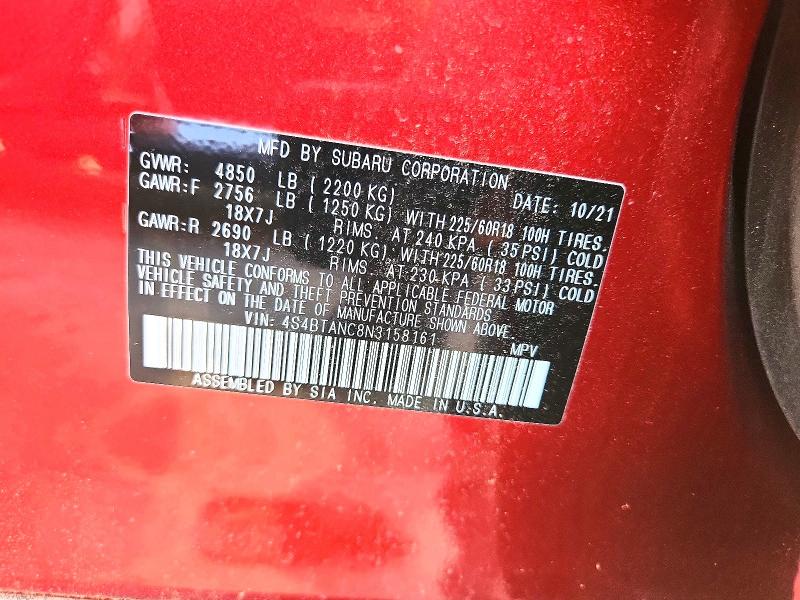 65893826 :رقم المزاد ، 4S4BTANC8N3158161 vin ، 2022 Subaru Outback مزاد بيع