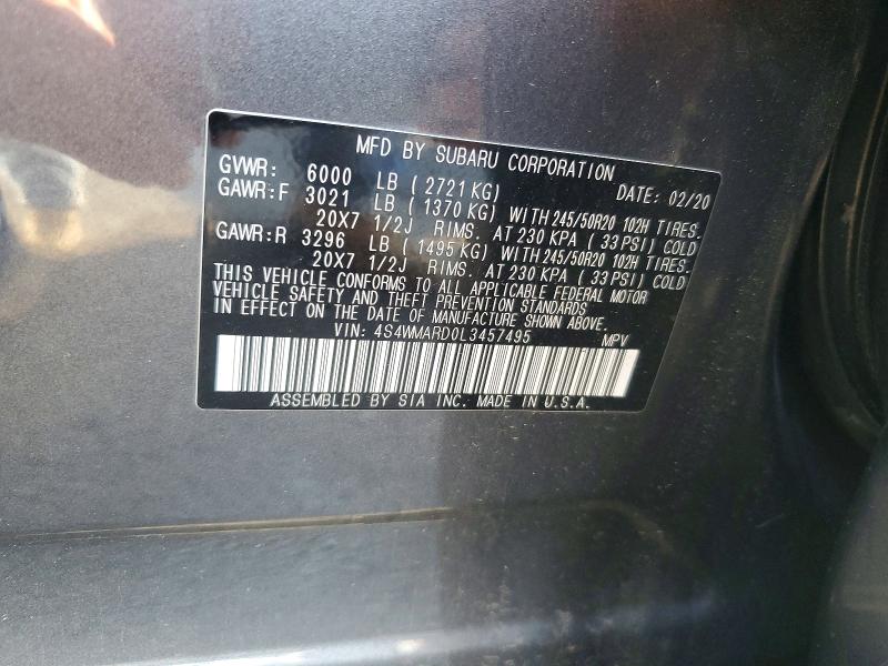 2020 Subaru Ascent მანქანა იყიდება აუქციონზე, vin: 4S4WMARD0L3457495, აუქციონის ნომერი: 64318256