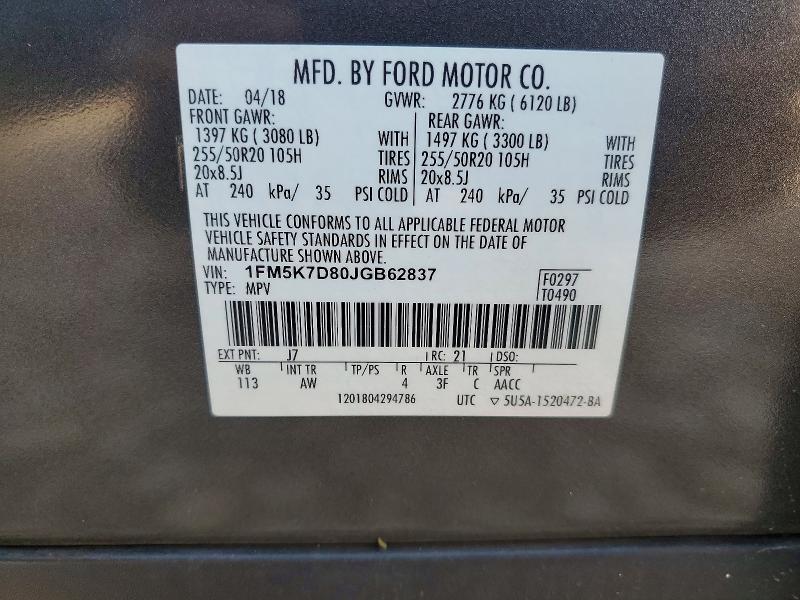 Aukcja sprzedaży 2018 Ford Explorer, vin: 1FM5K7D80JGB62837, numer aukcji: 64756646
