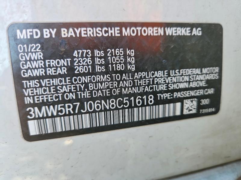 Aukcja sprzedaży 2022 Bmw 330xi, vin: 3MW5R7J06N8C51618, numer aukcji: 65288886