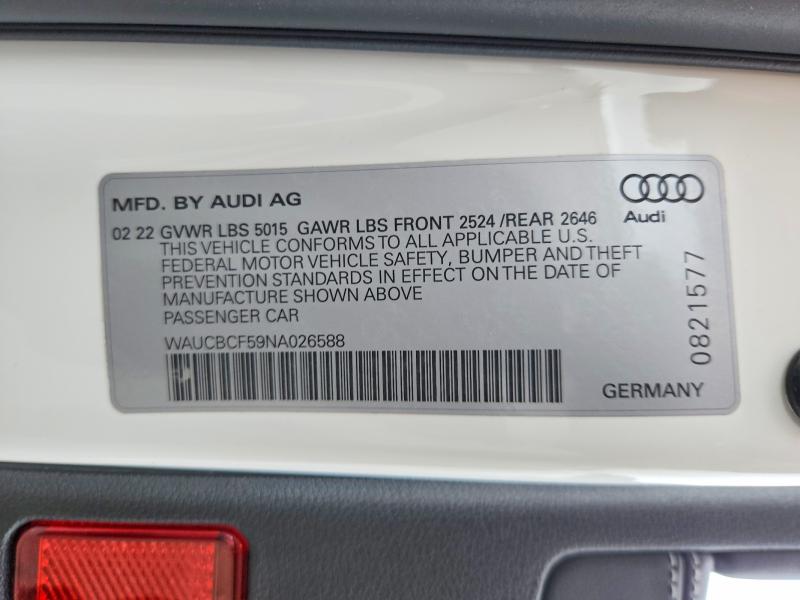 Aukcja sprzedaży 2022 Audi A5, vin: WAUCBCF59NA026588, numer aukcji: 63826266