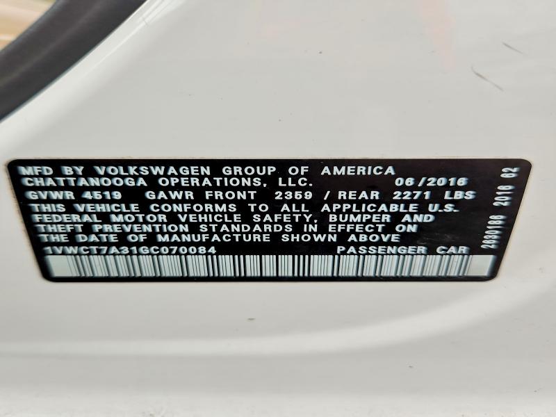 Продаж на аукціоні авто 2016 Volkswagen Passat, vin: 1VWCT7A31GC070084, номер лоту: 65035666
