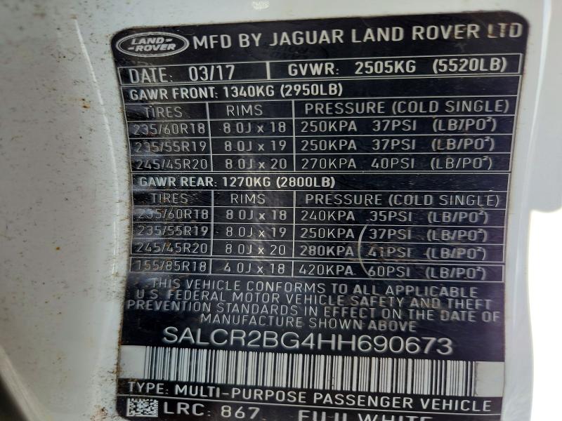 2017 Land Rover Discovery Sport მანქანა იყიდება აუქციონზე, vin: SALCR2BG4HH690673, აუქციონის ნომერი: 65695916