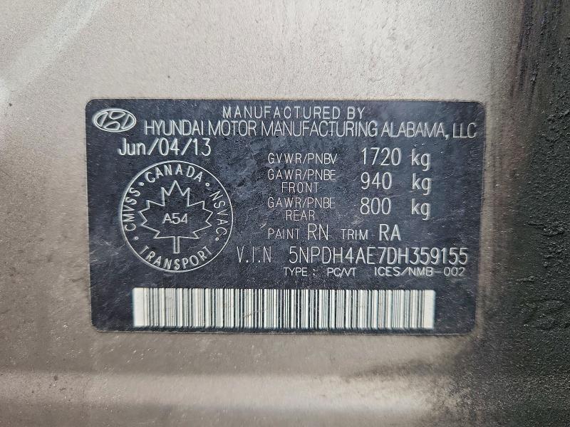 63648176 :رقم المزاد ، 5NPDH4AE7DH359155 vin ، 2013 Hyundai Elantra مزاد بيع